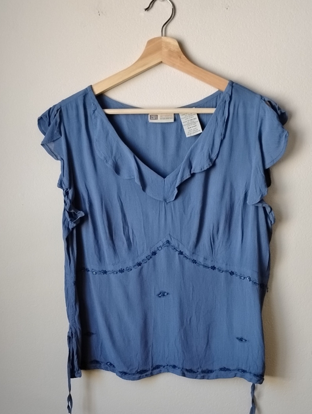 Faded Glory Dusty Blue Ruffle V-Neck Embroidered Blouse